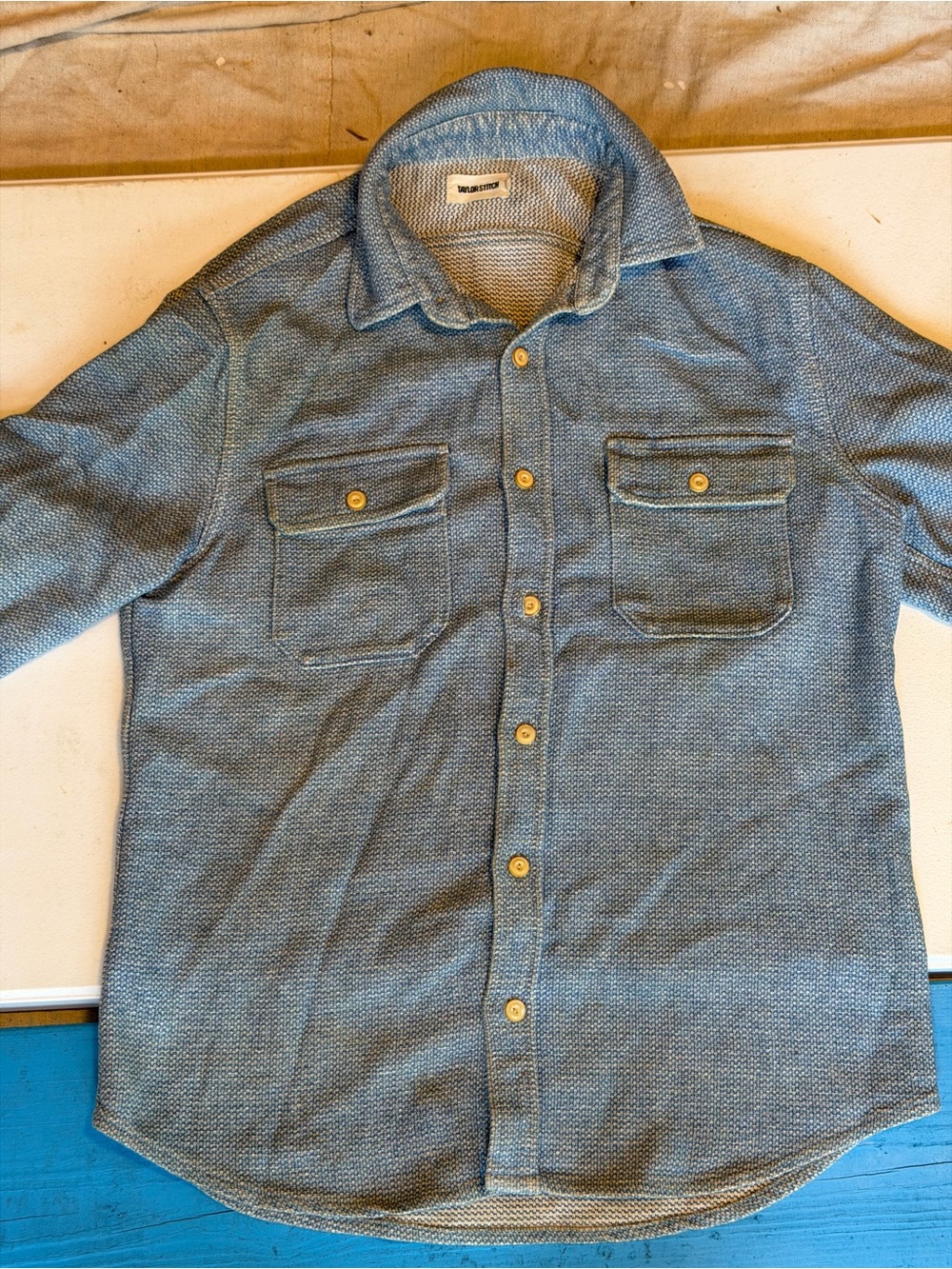 Taylor Stitch Utility Shirt Sun Bleached Indigo Check Organic Cotton 40 M
